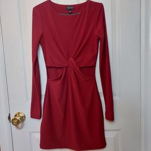 Topshop Red Peekaboo Cut Out Knotted Long Sleeve Mini Fitted Casual Dress Size 2